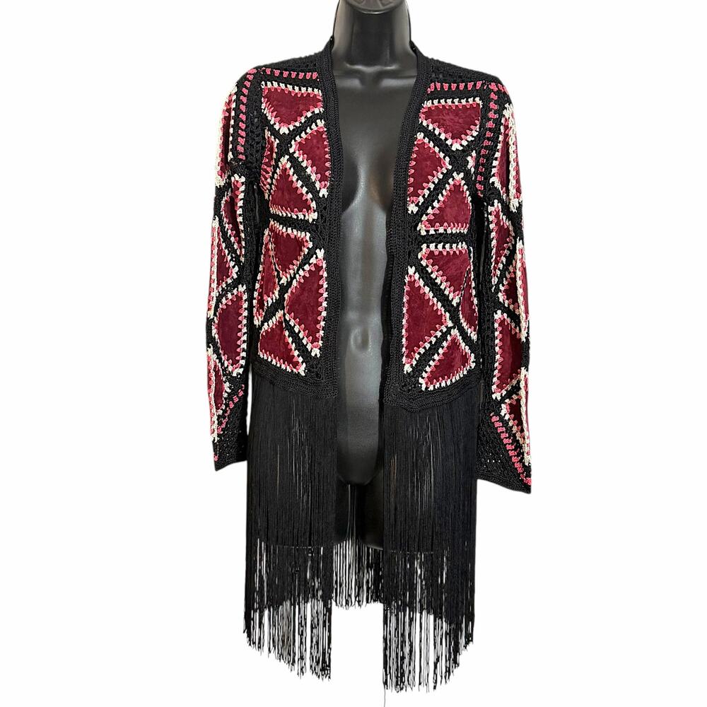 Topshop Velvet Patchwork Crochet Fringe Cardigan Jacket S Burgundy Black Boho